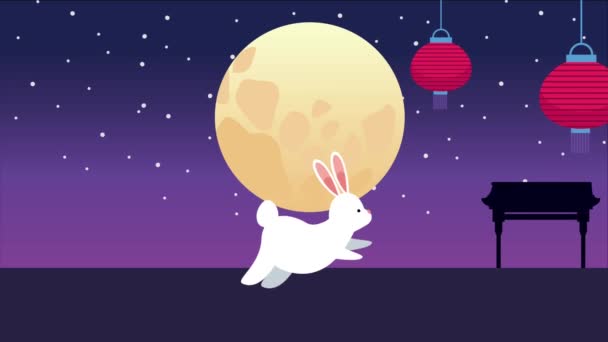Uprostřed podzimního festivalu animace s králíky a lampami v noci — Stock video
