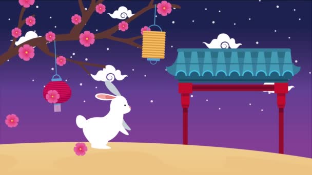 Mid autumn festival animation with rabbit and flowers — Stock Video