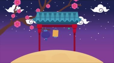 Sonbahar festivali animasyonunun ortasında kemer ve lambalar gece sahnesinde sallanıyor.