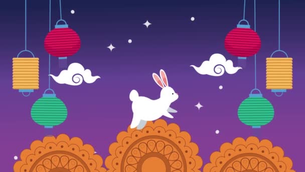 Mid autumn festival animation with rabbit and lamps hanging — Stock Video