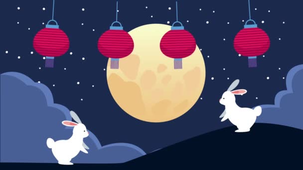 Mid autumn festival animation with rabbits and lanterns hanging — Stock Video