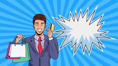 Alışveriş torbaları ve kredi kartı pop sanat animasyonuyla iş adamı