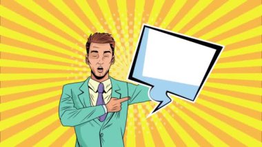 Konuşma balonu pop sanat animasyonuna sahip iş adamı