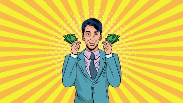 Hombre de negocios con billetes dólares animación pop art — Vídeo de stock