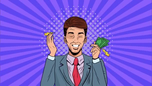 Homme d'affaires avec factures dollars animation pop art — Video