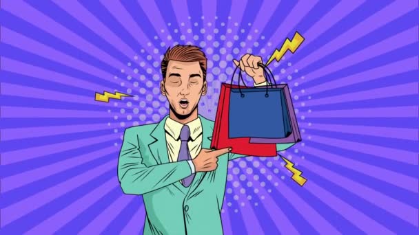 Obchodník s nákupními taškami pop art animace — Stock video