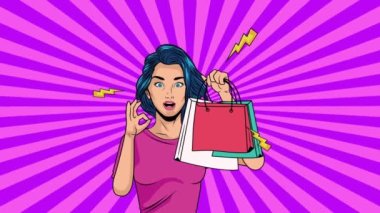 Alışveriş çantalı güzel bir kadın sanat tarzında pop müzik yapıyor.