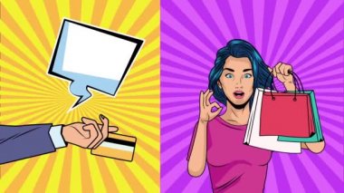 Alışveriş çantalı güzel bir kadın ve kredi kartı pop sanatıyla dolu bir el.