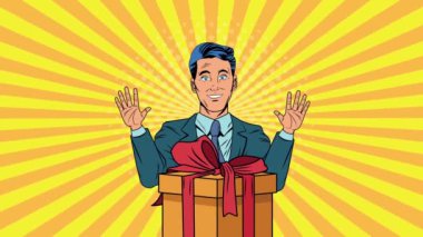 Hediye kutusu pop sanat animasyonuna sahip iş adamı