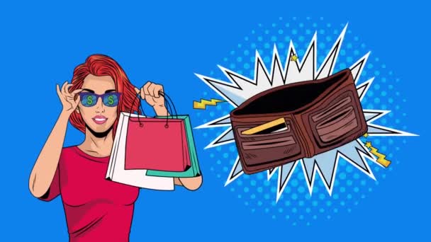 Krásná žena s nákupní tašky a peněženka pop art styl — Stock video