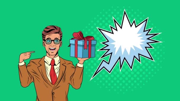 선물 상자를 가지고 있는 사업가와 표현 버블 팝 아트 애니메이션 — 비디오