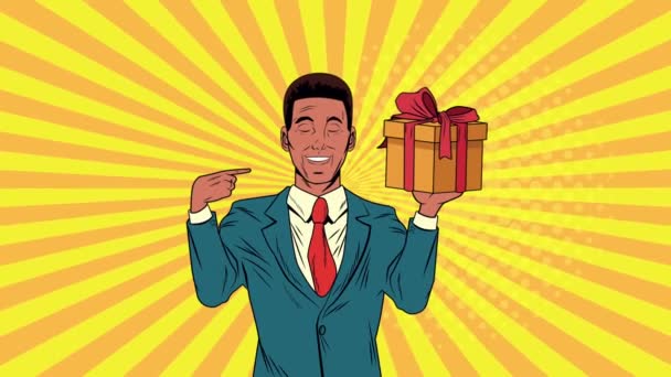Om de afaceri cu cutie cadou prezent animație pop art — Videoclip de stoc