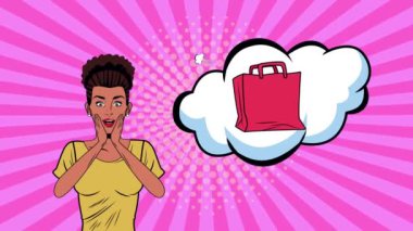 Alışveriş çantalı güzel bir afro kadın sanat tarzında pop müzik yapıyor.