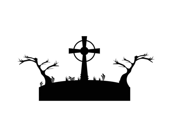 Tomba con croce nel disegno vettoriale della scena della foresta secca — Vettoriale Stock