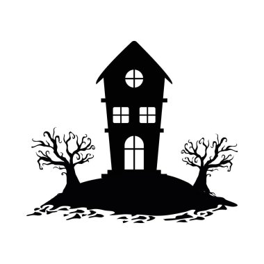Kuru orman siluet vektör tasarımında ıssız bir perili ev.