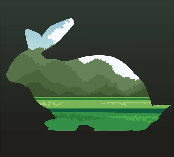 Mignon lapin sauvage animal silhouette avec paysage scène — Image vectorielle