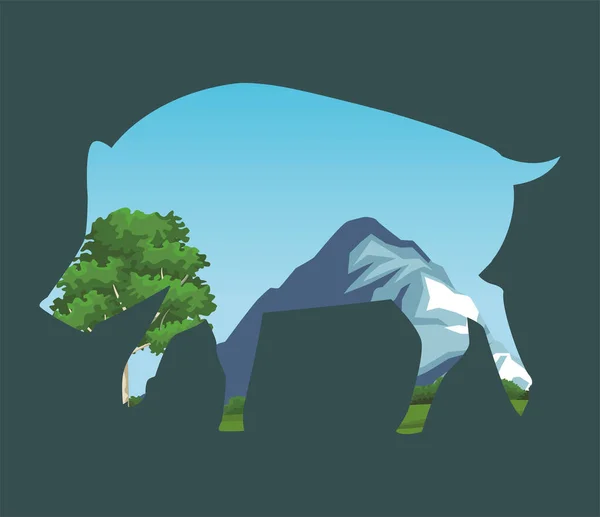 Cochon sauvage animal nature silhouette avec paysage scène — Image vectorielle