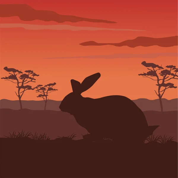 Niedlichen wilden Kaninchen Tier Silhouette mit Landschaft Szene — Stockvektor