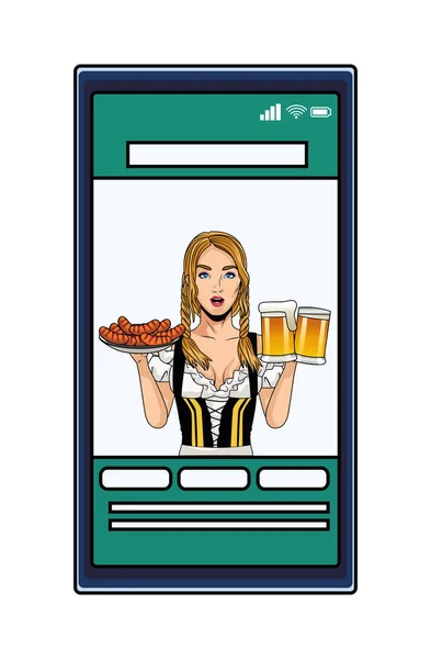 Seksi duits vrouw met bieren en worsten in smartphone — Stockvector