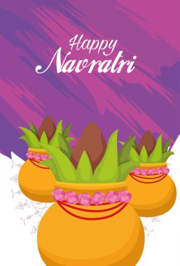 Üzerinde harfler ve saksılarda bitkiler olan mutlu Navratri kutlama kartları