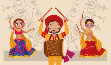 Kadınların dans ettiği ve erkeklerin davul çaldığı mutlu Navratri kutlamaları.