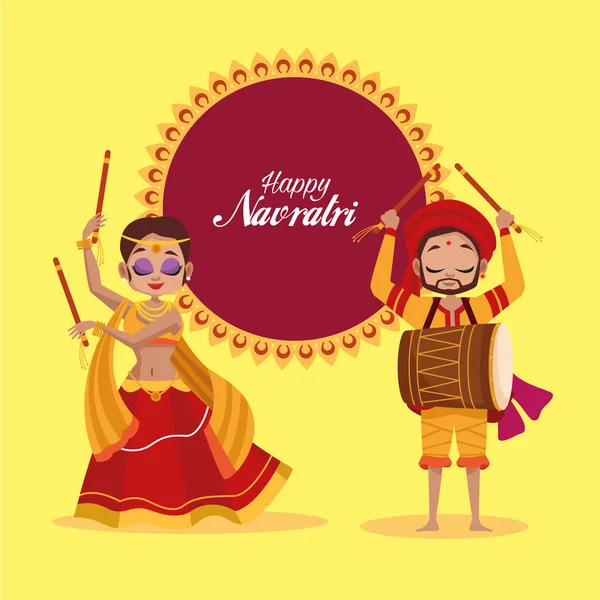 Feliz navratri celebración letras con mujer bailando y hombre tocando tambor — Vector de stock