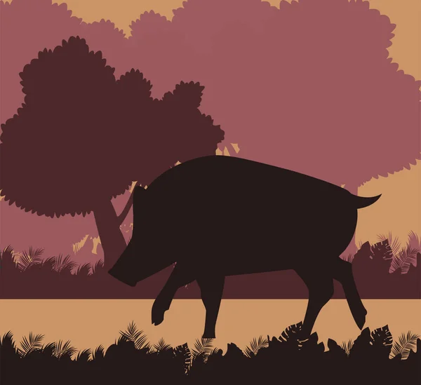 Animal salvaje de cerdo silueta naturaleza con paisaje escena — Vector de stock