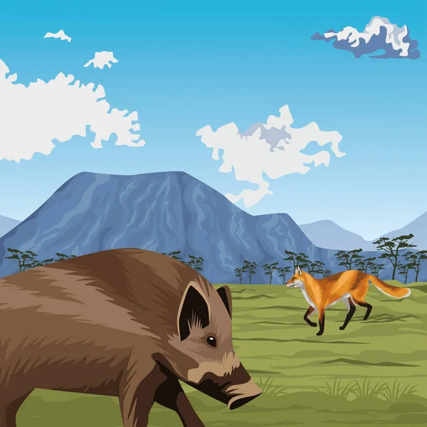 Porco selvagem e raposa na paisagem — Vetor de Stock