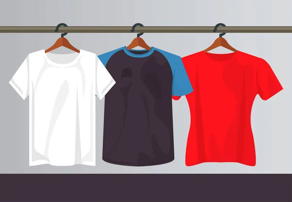 Drie mockup shirts in wasknijpers opknoping — Stockvector