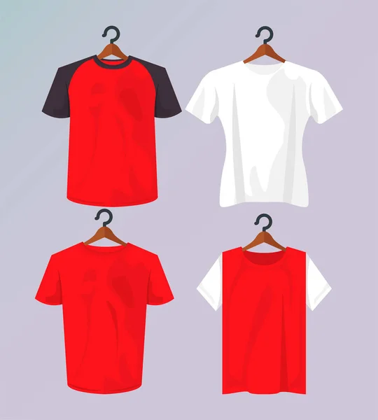 Cuatro camisas de maqueta en pinzas de ropa colgando — Vector de stock