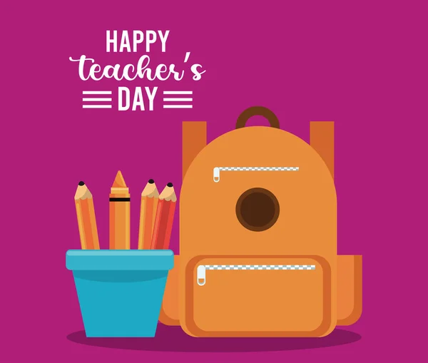 Tarjeta de día para profesores felices con portalápices y mochilas — Vector de stock