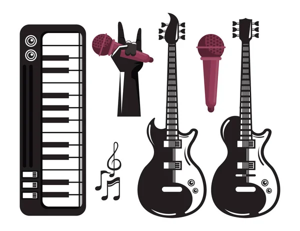 Plakát mezinárodního hudebního festivalu s elektrickými kytarami a sadovými ikonami — Stockový vektor