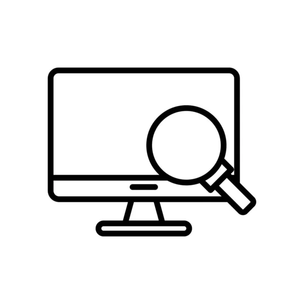 Monitor de computador desktop com lupa ícone de estilo de linha de vidro — Vetor de Stock