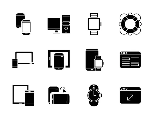 Bundle of mockup responsive set silhouette style icons — Stock Vector