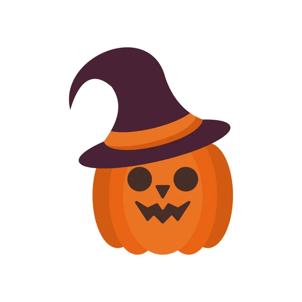 Halloween pumpkin face with witch hat flat style icon — Stock Vector