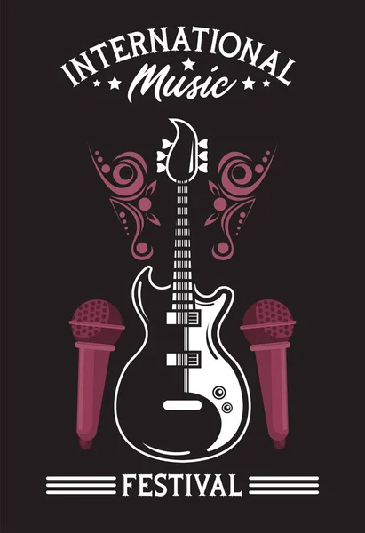 Cartel del festival internacional de música con guitarra eléctrica y micrófonos en fondo negro — Vector de stock