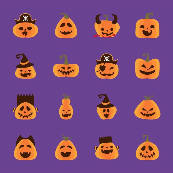 Paquete de calabazas de halloween en el fondo púrpura iconos de estilo plano — Archivo Imágenes Vectoriales