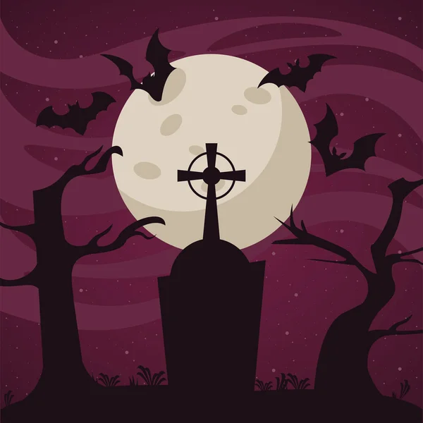Feliz tarjeta de celebración de Halloween con murciélagos volando en el cementerio — Vector de stock