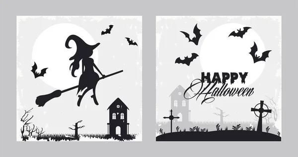 Feliz tarjeta de celebración de Halloween con bruja y murciélagos volando — Vector de stock