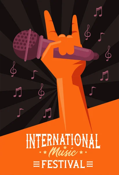 Cartel del festival internacional de música con micrófono elevador de manos — Vector de stock