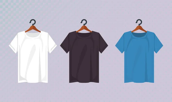 Tres camisas de maqueta en pinzas de ropa colgando — Vector de stock