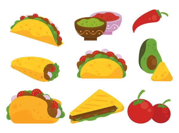 Celebración del día del taco póster mexicano con tacos y patrón de verduras — Vector de stock