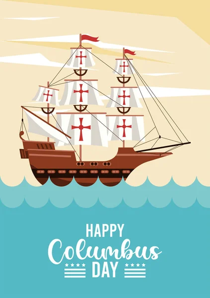 Feliz celebración del día de Colón con velero y la escena del océano — Vector de stock