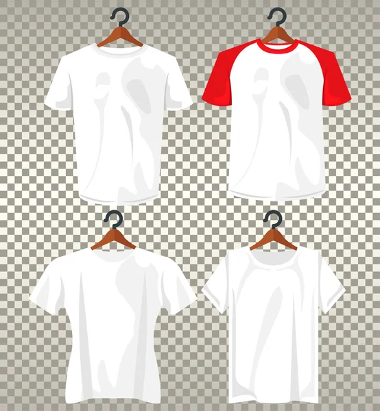 Cuatro camisas de maqueta en pinzas de ropa colgando — Vector de stock
