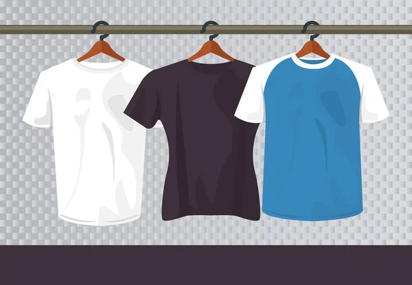 Tre mockup tröjor i klädnypor hängande — Stock vektor