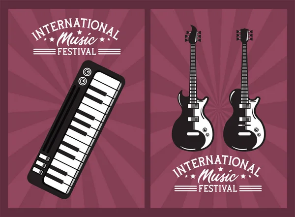 Cartel del festival internacional de música con guitarras eléctricas y piano — Vector de stock