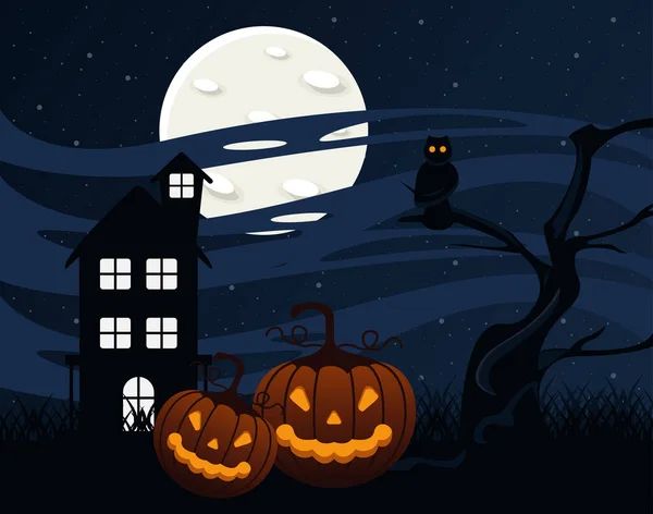 Šťastný halloween slavnostní přání s strašidelný dům a dýně — Stockový vektor