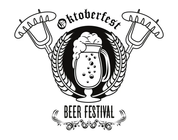 Oktoberfest festival poster con tazza di birra e salsicce in forchette — Vettoriale Stock