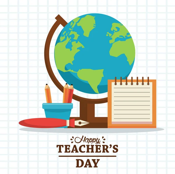 Mektuplar ve malzemelerle dolu mutlu öğretmenler günü kartı — Stok Vektör