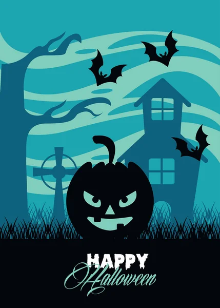 Fröhliche Halloween-Festkarte mit Kürbisgesicht im Spukschloss — Stockvektor